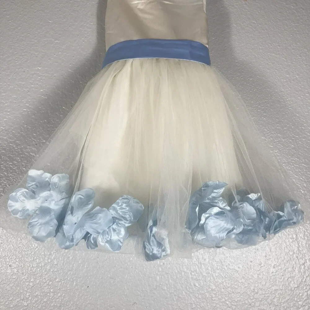 Flower Girl Dress Birthday Pageant 2T Ivory White Baby Blue Pedals Tulle Easter